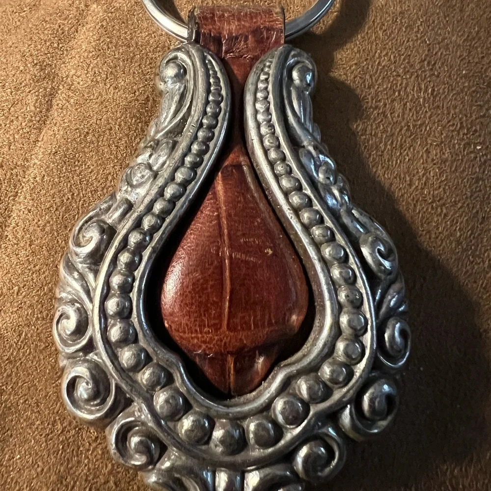 Brighton Brown Leather Key Fob with Ornate Silver-Tone Frame. HEAVY